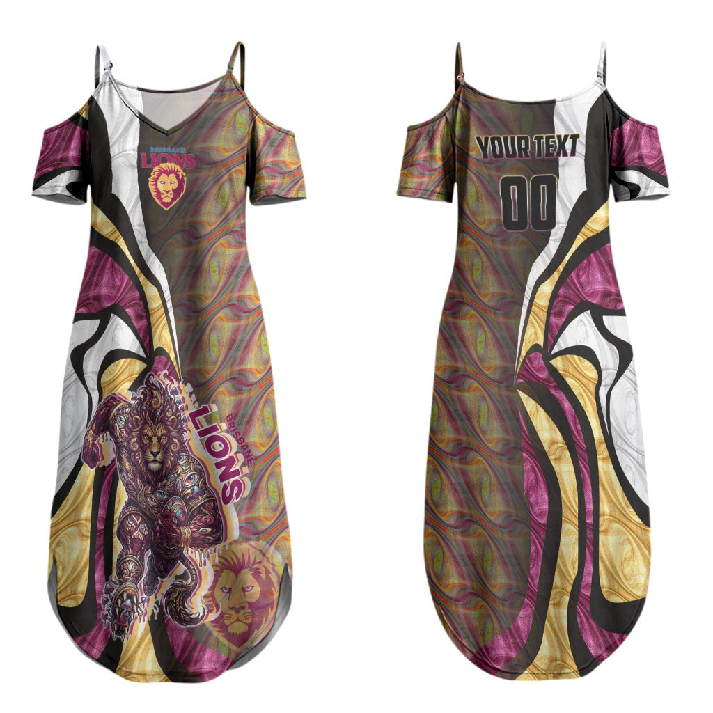 Personalised Brisbane Lions Couples Matching Summer Maxi Dress and Long Sleeve Button Shirt Trippy Psychedelic Abstract Art Mascot Football Fans