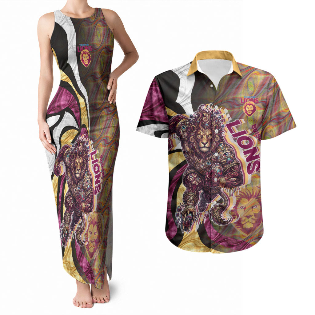 Personalised Brisbane Lions Couples Matching Tank Maxi Dress and Hawaiian Shirt Trippy Psychedelic Abstract Art Mascot Football Fans