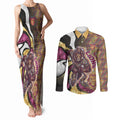 Personalised Brisbane Lions Couples Matching Tank Maxi Dress and Long Sleeve Button Shirt Trippy Psychedelic Abstract Art Mascot Football Fans
