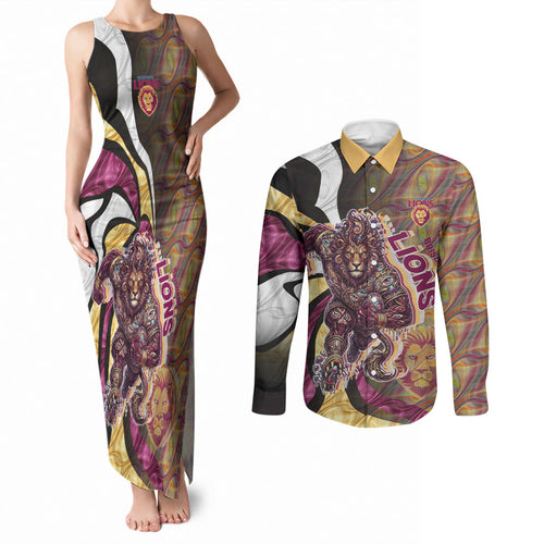 Personalised Brisbane Lions Couples Matching Tank Maxi Dress and Long Sleeve Button Shirt Trippy Psychedelic Abstract Art Mascot Football Fans