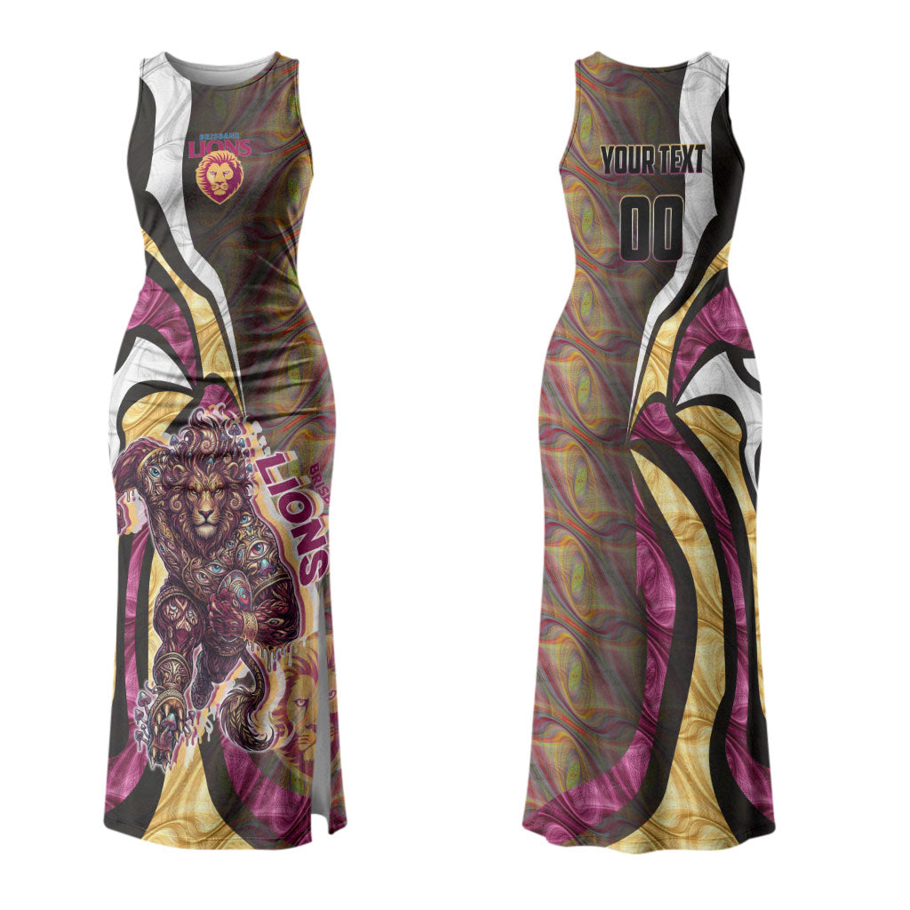 Personalised Brisbane Lions Couples Matching Tank Maxi Dress and Long Sleeve Button Shirt Trippy Psychedelic Abstract Art Mascot Football Fans