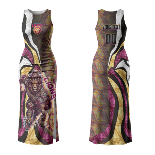 Personalised Brisbane Lions Couples Matching Tank Maxi Dress and Long Sleeve Button Shirt Trippy Psychedelic Abstract Art Mascot Football Fans