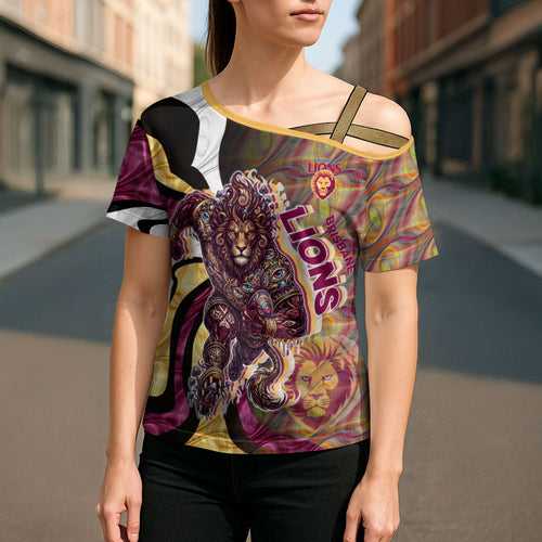 Personalised Brisbane Lions Cross Shoulder Shirt Trippy Psychedelic Abstract Art Mascot Football Fans