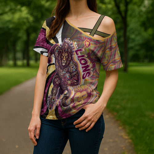 Personalised Brisbane Lions Cross Shoulder Shirt Trippy Psychedelic Abstract Art Mascot Football Fans