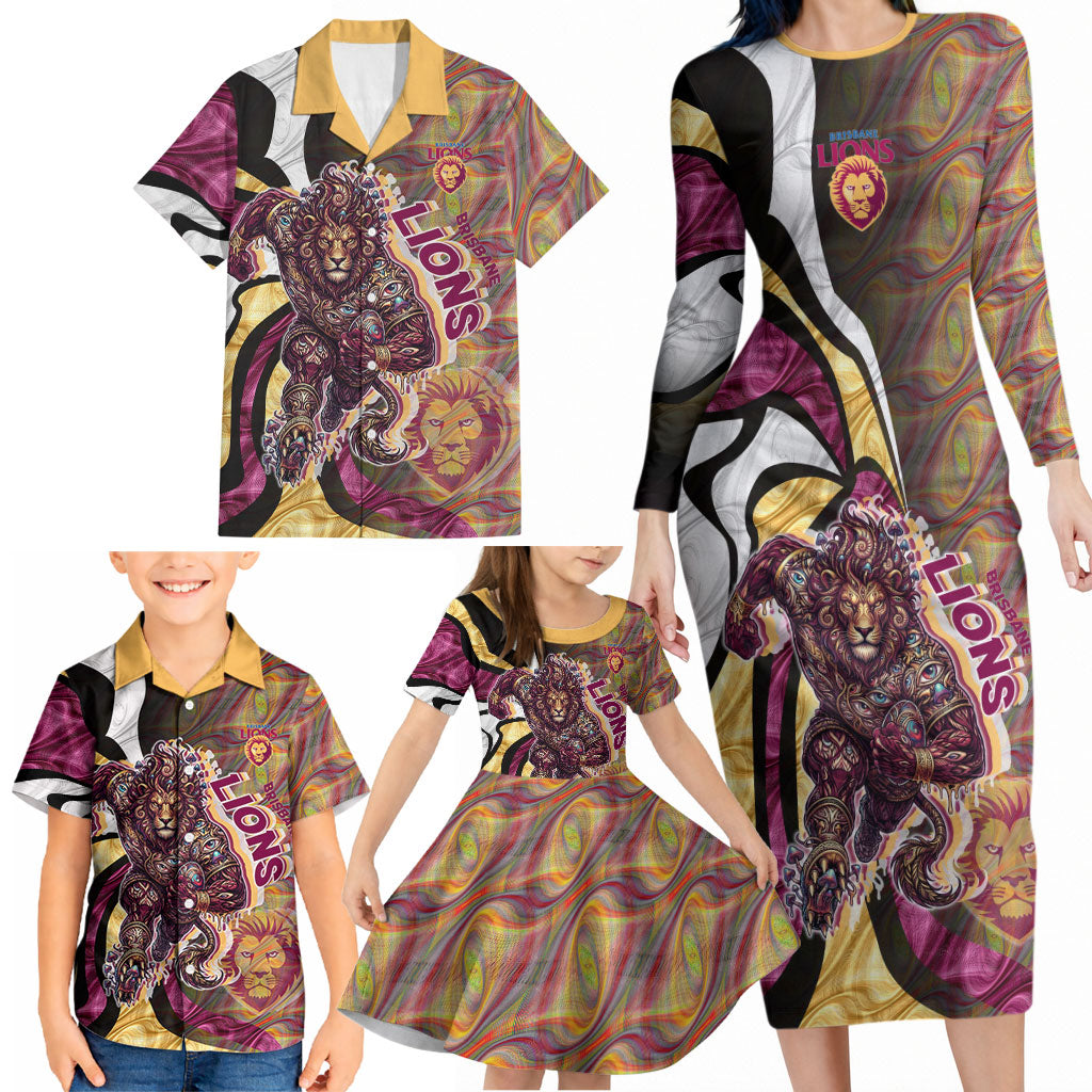 Personalised Brisbane Lions Family Matching Long Sleeve Bodycon Dress and Hawaiian Shirt Trippy Psychedelic Abstract Art Mascot Football Fans
