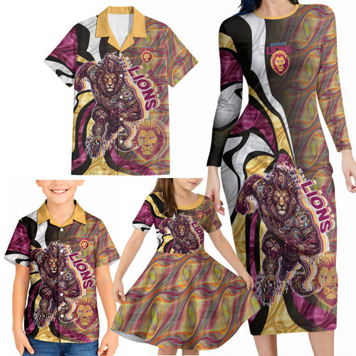 Personalised Brisbane Lions Family Matching Long Sleeve Bodycon Dress and Hawaiian Shirt Trippy Psychedelic Abstract Art Mascot Football Fans