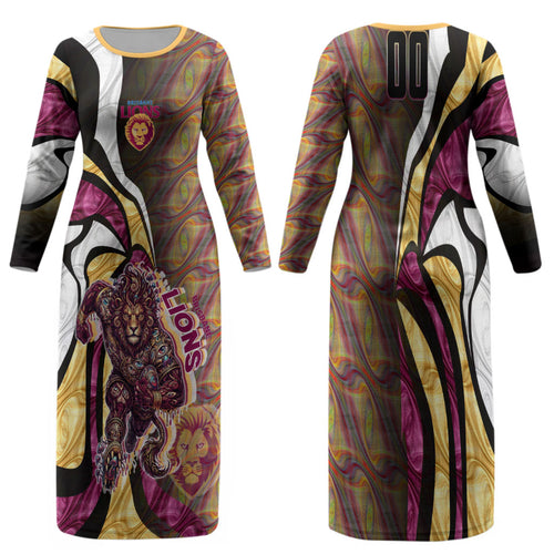 Personalised Brisbane Lions Family Matching Long Sleeve Bodycon Dress and Hawaiian Shirt Trippy Psychedelic Abstract Art Mascot Football Fans