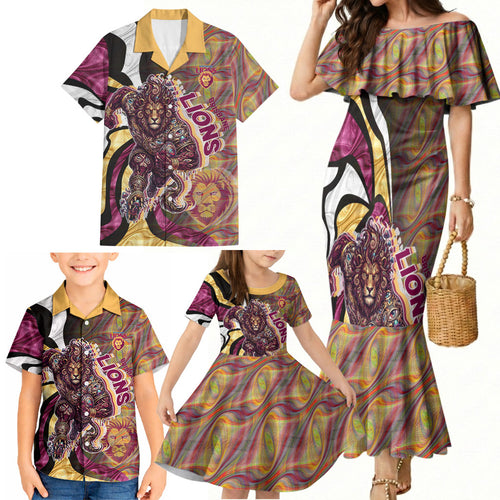 Personalised Brisbane Lions Family Matching Mermaid Dress and Hawaiian Shirt Trippy Psychedelic Abstract Art Mascot Football Fans