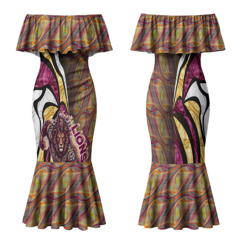 Personalised Brisbane Lions Family Matching Mermaid Dress and Hawaiian Shirt Trippy Psychedelic Abstract Art Mascot Football Fans