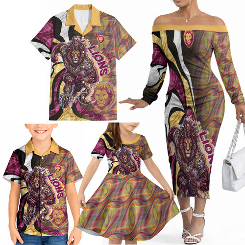 Personalised Brisbane Lions Family Matching Off The Shoulder Long Sleeve Dress and Hawaiian Shirt Trippy Psychedelic Abstract Art Mascot Football Fans