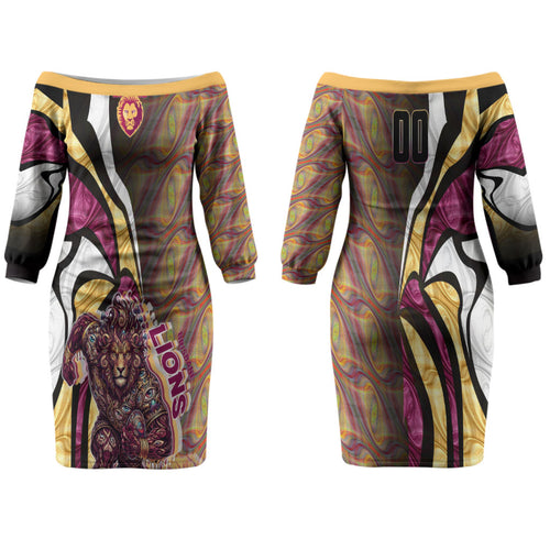 Personalised Brisbane Lions Family Matching Off The Shoulder Long Sleeve Dress and Hawaiian Shirt Trippy Psychedelic Abstract Art Mascot Football Fans
