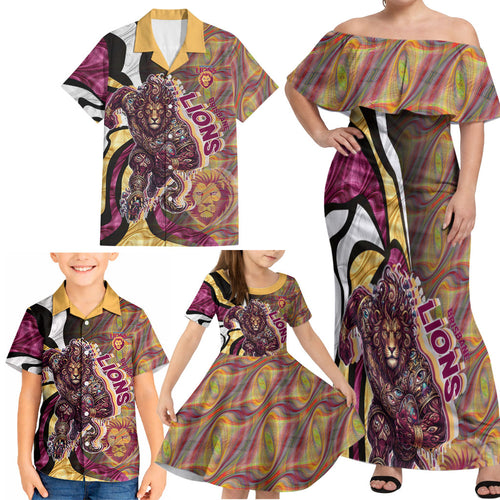 Personalised Brisbane Lions Family Matching Off Shoulder Maxi Dress and Hawaiian Shirt Trippy Psychedelic Abstract Art Mascot Football Fans
