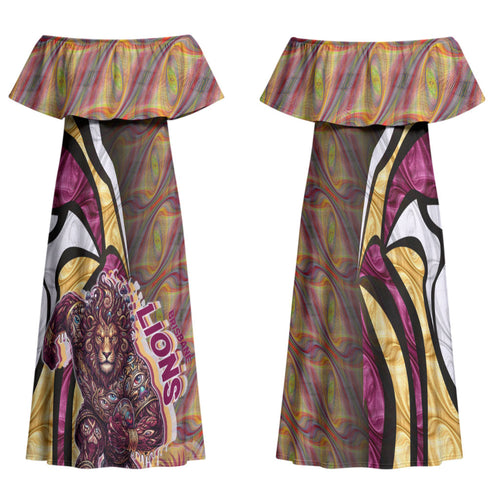 Personalised Brisbane Lions Family Matching Off Shoulder Maxi Dress and Hawaiian Shirt Trippy Psychedelic Abstract Art Mascot Football Fans