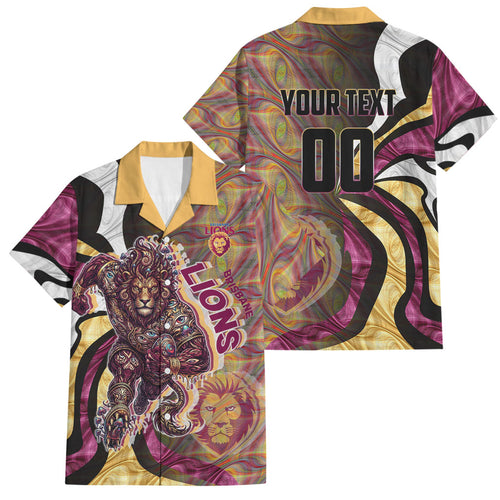 Personalised Brisbane Lions Family Matching Off Shoulder Maxi Dress and Hawaiian Shirt Trippy Psychedelic Abstract Art Mascot Football Fans