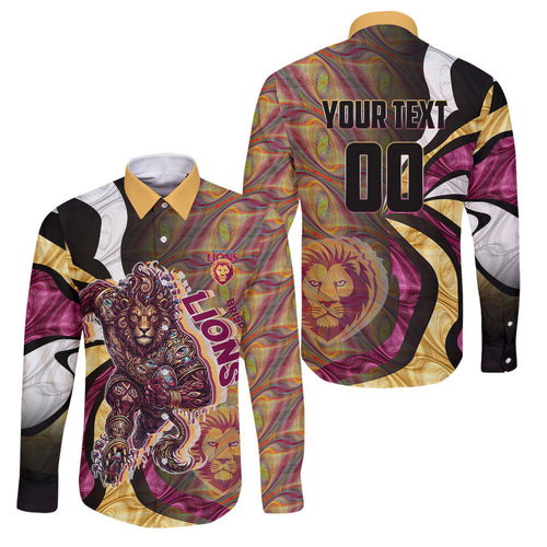 Personalised Brisbane Lions Family Matching Off Shoulder Maxi Dress and Hawaiian Shirt Trippy Psychedelic Abstract Art Mascot Football Fans