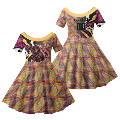 Personalised Brisbane Lions Family Matching Off Shoulder Maxi Dress and Hawaiian Shirt Trippy Psychedelic Abstract Art Mascot Football Fans
