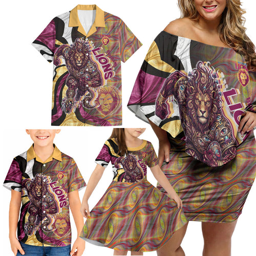 Personalised Brisbane Lions Family Matching Off Shoulder Short Dress and Hawaiian Shirt Trippy Psychedelic Abstract Art Mascot Football Fans