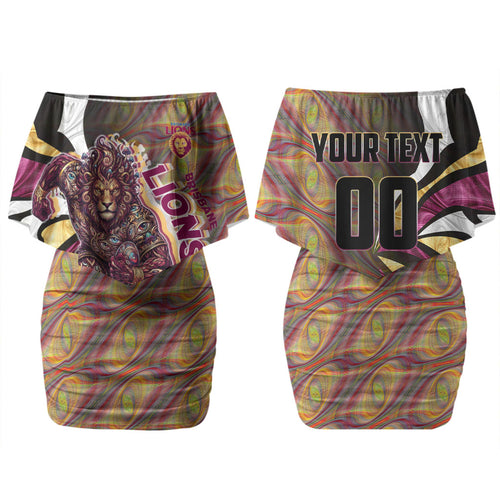 Personalised Brisbane Lions Family Matching Off Shoulder Short Dress and Hawaiian Shirt Trippy Psychedelic Abstract Art Mascot Football Fans