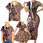 Personalised Brisbane Lions Family Matching Short Sleeve Bodycon Dress and Hawaiian Shirt Trippy Psychedelic Abstract Art Mascot Football Fans
