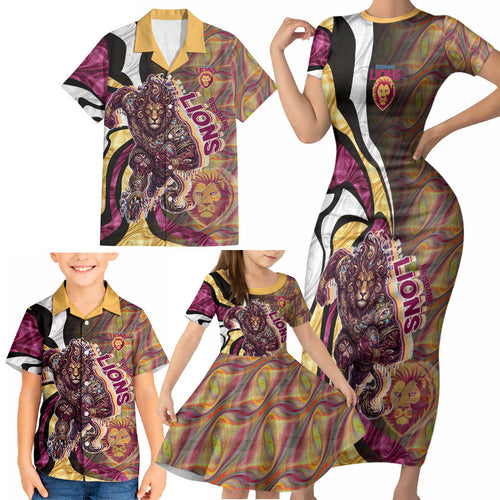 Personalised Brisbane Lions Family Matching Short Sleeve Bodycon Dress and Hawaiian Shirt Trippy Psychedelic Abstract Art Mascot Football Fans