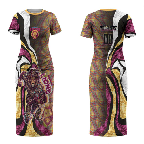 Personalised Brisbane Lions Family Matching Short Sleeve Bodycon Dress and Hawaiian Shirt Trippy Psychedelic Abstract Art Mascot Football Fans