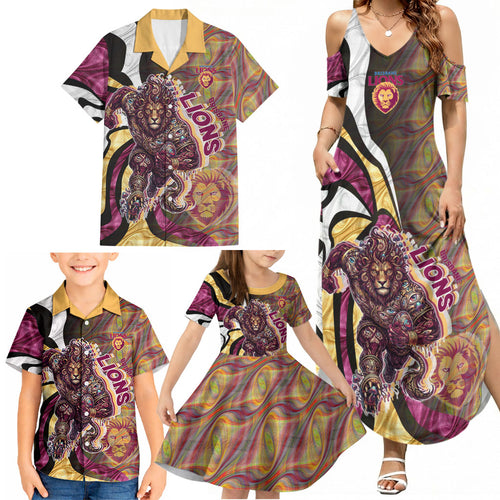 Personalised Brisbane Lions Family Matching Summer Maxi Dress and Hawaiian Shirt Trippy Psychedelic Abstract Art Mascot Football Fans