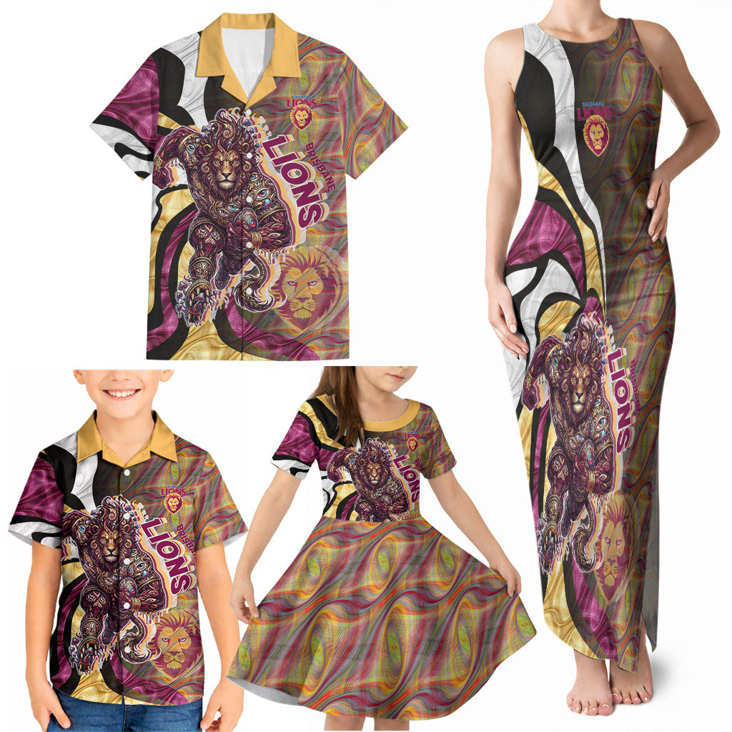 Personalised Brisbane Lions Family Matching Tank Maxi Dress and Hawaiian Shirt Trippy Psychedelic Abstract Art Mascot Football Fans