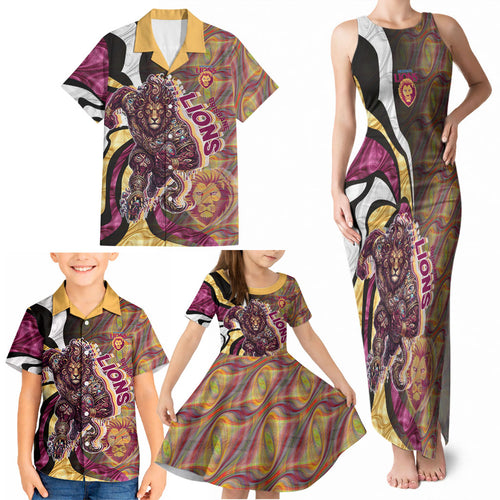 Personalised Brisbane Lions Family Matching Tank Maxi Dress and Hawaiian Shirt Trippy Psychedelic Abstract Art Mascot Football Fans