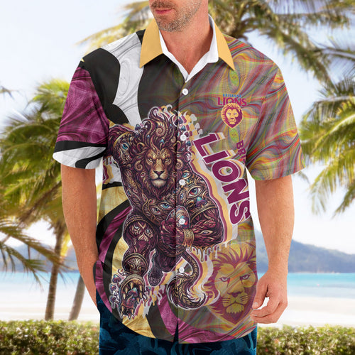 Personalised Brisbane Lions Hawaiian Shirt Trippy Psychedelic Abstract Art Mascot Football Fans