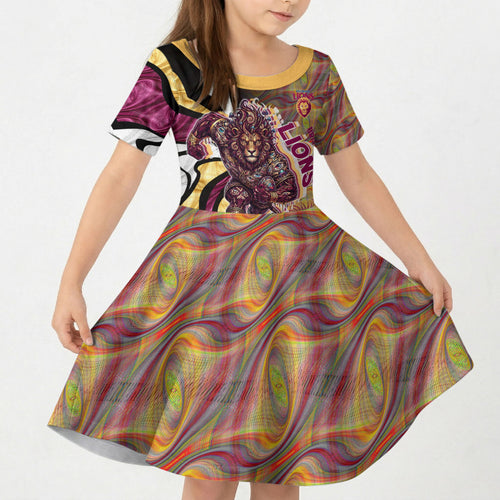 Personalised Brisbane Lions Kid Short Sleeve Dress Trippy Psychedelic Abstract Art Mascot Football Fans