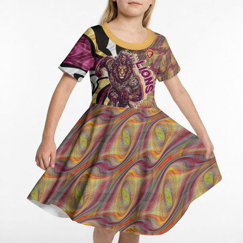 Personalised Brisbane Lions Kid Short Sleeve Dress Trippy Psychedelic Abstract Art Mascot Football Fans