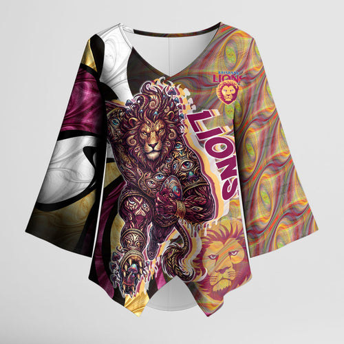 Personalised Brisbane Lions Kimono Sleeve Blouse Trippy Psychedelic Abstract Art Mascot Football Fans
