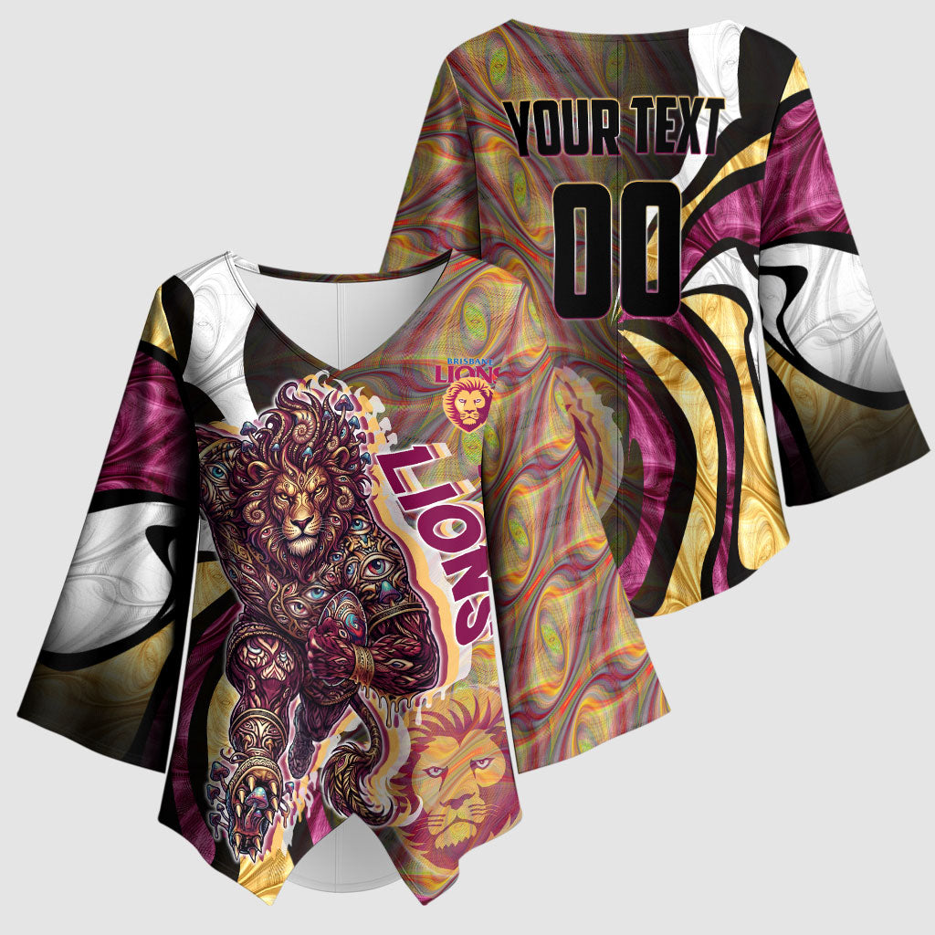 Personalised Brisbane Lions Kimono Sleeve Blouse Trippy Psychedelic Abstract Art Mascot Football Fans