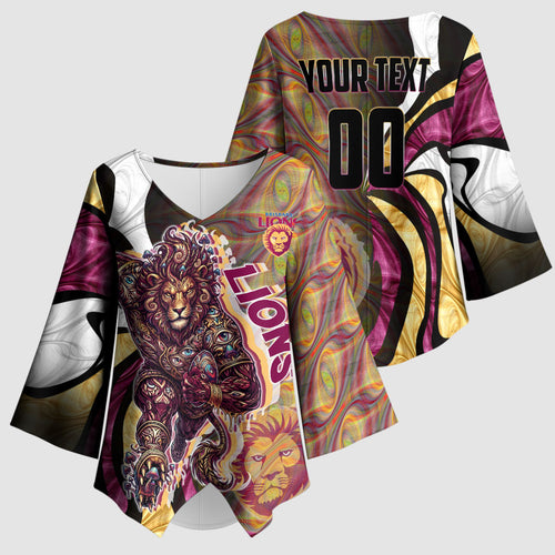 Personalised Brisbane Lions Kimono Sleeve Blouse Trippy Psychedelic Abstract Art Mascot Football Fans