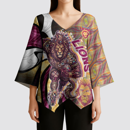 Personalised Brisbane Lions Kimono Sleeve Blouse Trippy Psychedelic Abstract Art Mascot Football Fans