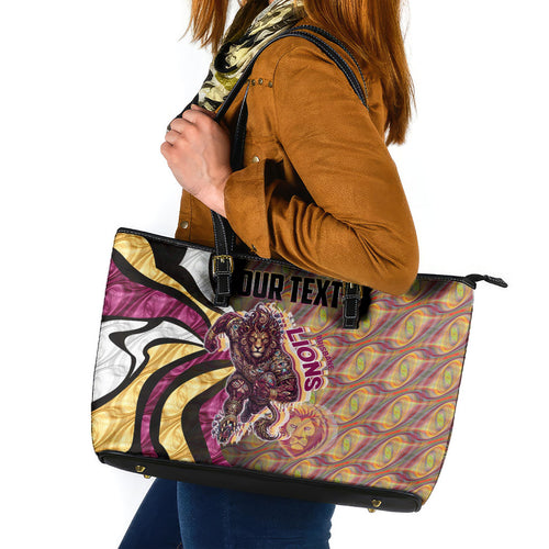Personalised Brisbane Lions Leather Tote Bag Trippy Psychedelic Abstract Art Mascot Football Fans
