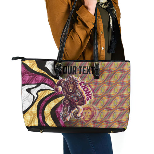 Personalised Brisbane Lions Leather Tote Bag Trippy Psychedelic Abstract Art Mascot Football Fans
