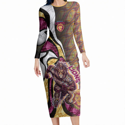 Personalised Brisbane Lions Long Sleeve Bodycon Dress Trippy Psychedelic Abstract Art Mascot Football Fans