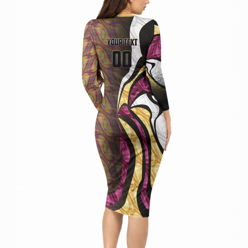 Personalised Brisbane Lions Long Sleeve Bodycon Dress Trippy Psychedelic Abstract Art Mascot Football Fans