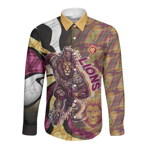 Personalised Brisbane Lions Long Sleeve Button Shirt Trippy Psychedelic Abstract Art Mascot Football Fans