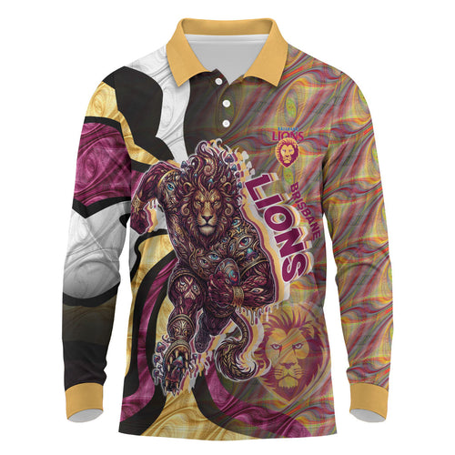 Personalised Brisbane Lions Long Sleeve Polo Shirt Trippy Psychedelic Abstract Art Mascot Football Fans
