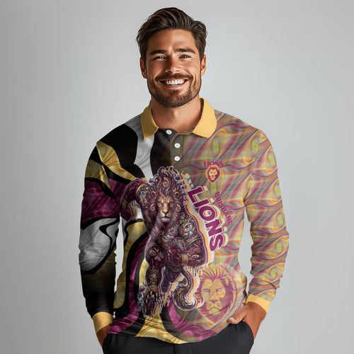 Personalised Brisbane Lions Long Sleeve Polo Shirt Trippy Psychedelic Abstract Art Mascot Football Fans