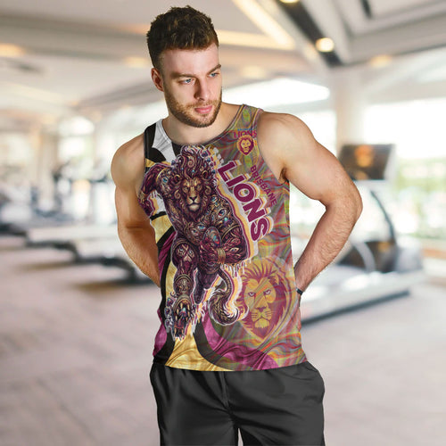 Personalised Brisbane Lions Men Tank Top Trippy Psychedelic Abstract Art Mascot Football Fans