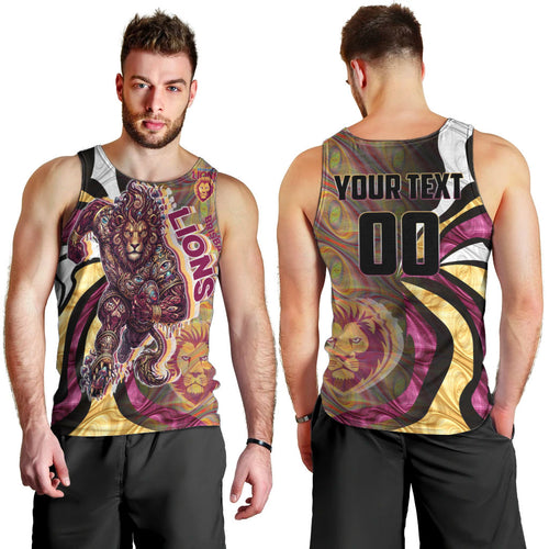 Personalised Brisbane Lions Men Tank Top Trippy Psychedelic Abstract Art Mascot Football Fans