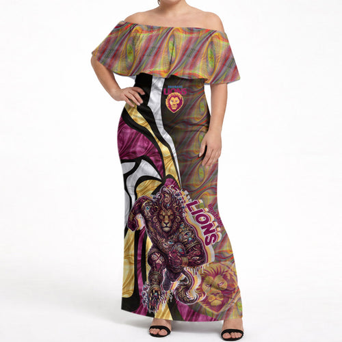 Personalised Brisbane Lions Off Shoulder Maxi Dress Trippy Psychedelic Abstract Art Mascot Football Fans