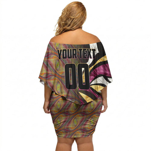 Personalised Brisbane Lions Off Shoulder Short Dress Trippy Psychedelic Abstract Art Mascot Football Fans