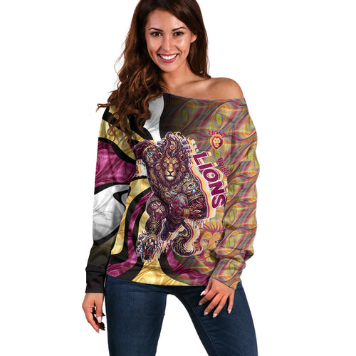 Personalised Brisbane Lions Off Shoulder Sweater Trippy Psychedelic Abstract Art Mascot Football Fans
