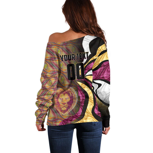 Personalised Brisbane Lions Off Shoulder Sweater Trippy Psychedelic Abstract Art Mascot Football Fans