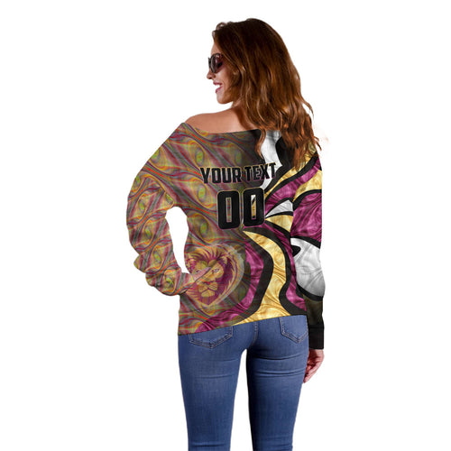 Personalised Brisbane Lions Off Shoulder Sweater Trippy Psychedelic Abstract Art Mascot Football Fans