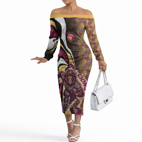 Personalised Brisbane Lions Off The Shoulder Long Sleeve Dress Trippy Psychedelic Abstract Art Mascot Football Fans